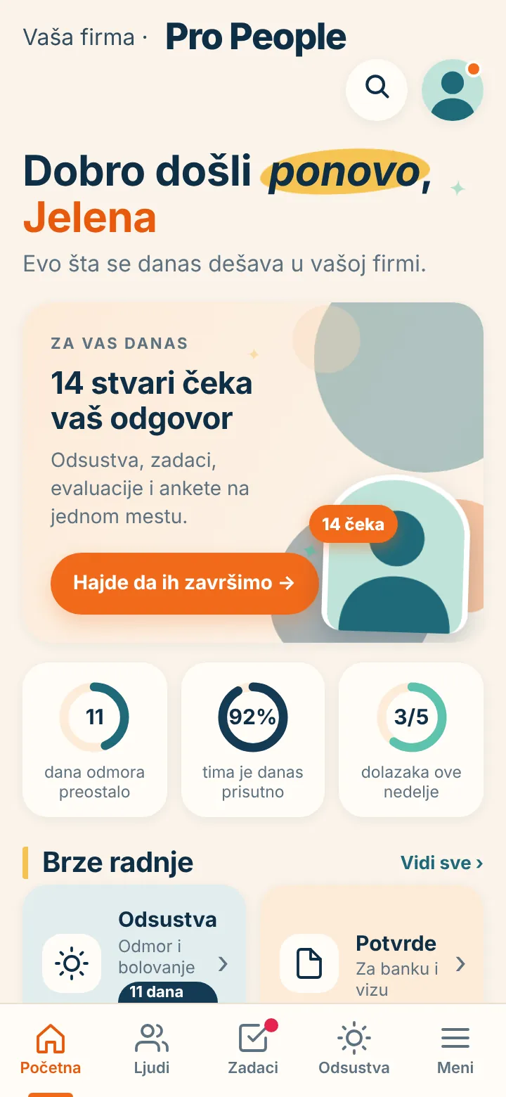 Početna strana aplikacije Pro People na telefonu